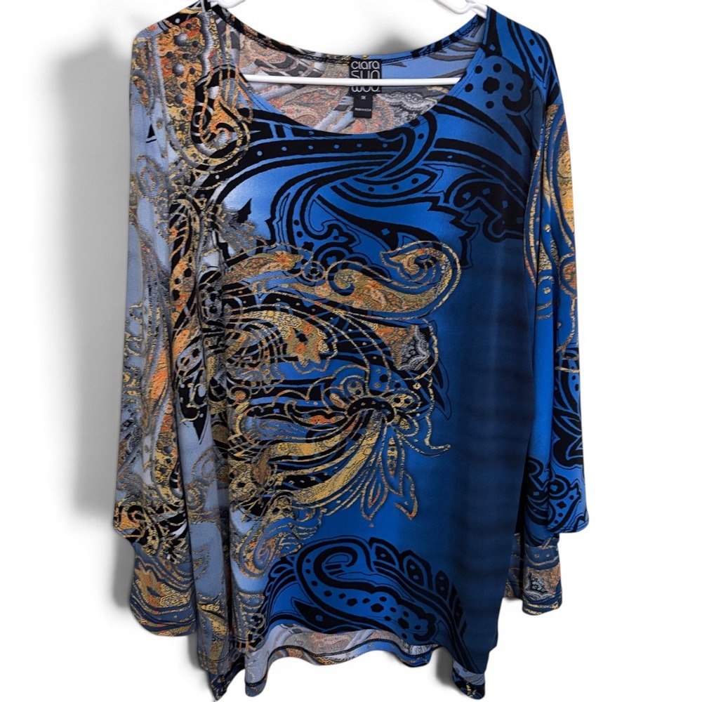 Clara Sunwoo Top Blue Gold Paisley Abstract Artsy Boho Tunic Wearable Art
1x